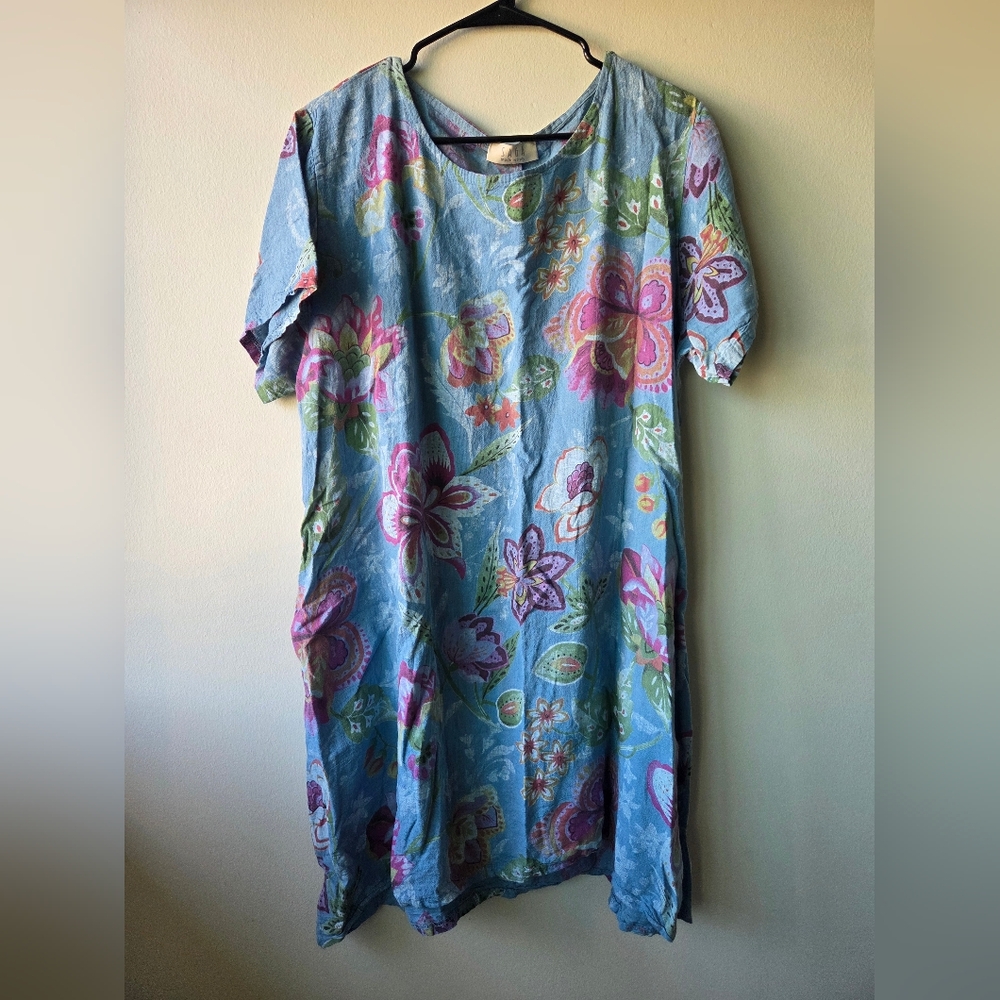 Womens SAGA Made In Italy Size L Light Blue Floral Shift Dress With Pockets.